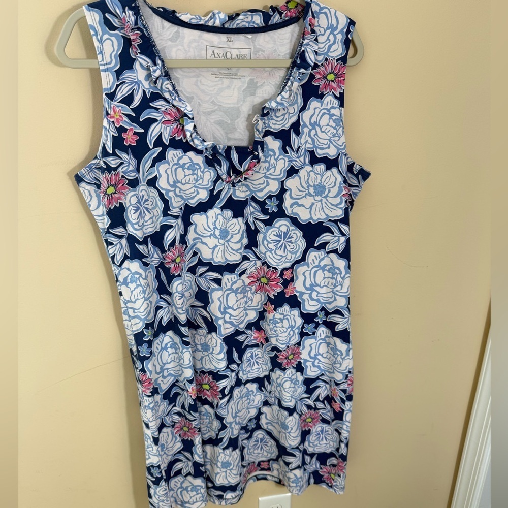 AnaClare dress blue floral sleeveless cotton spandex size XL